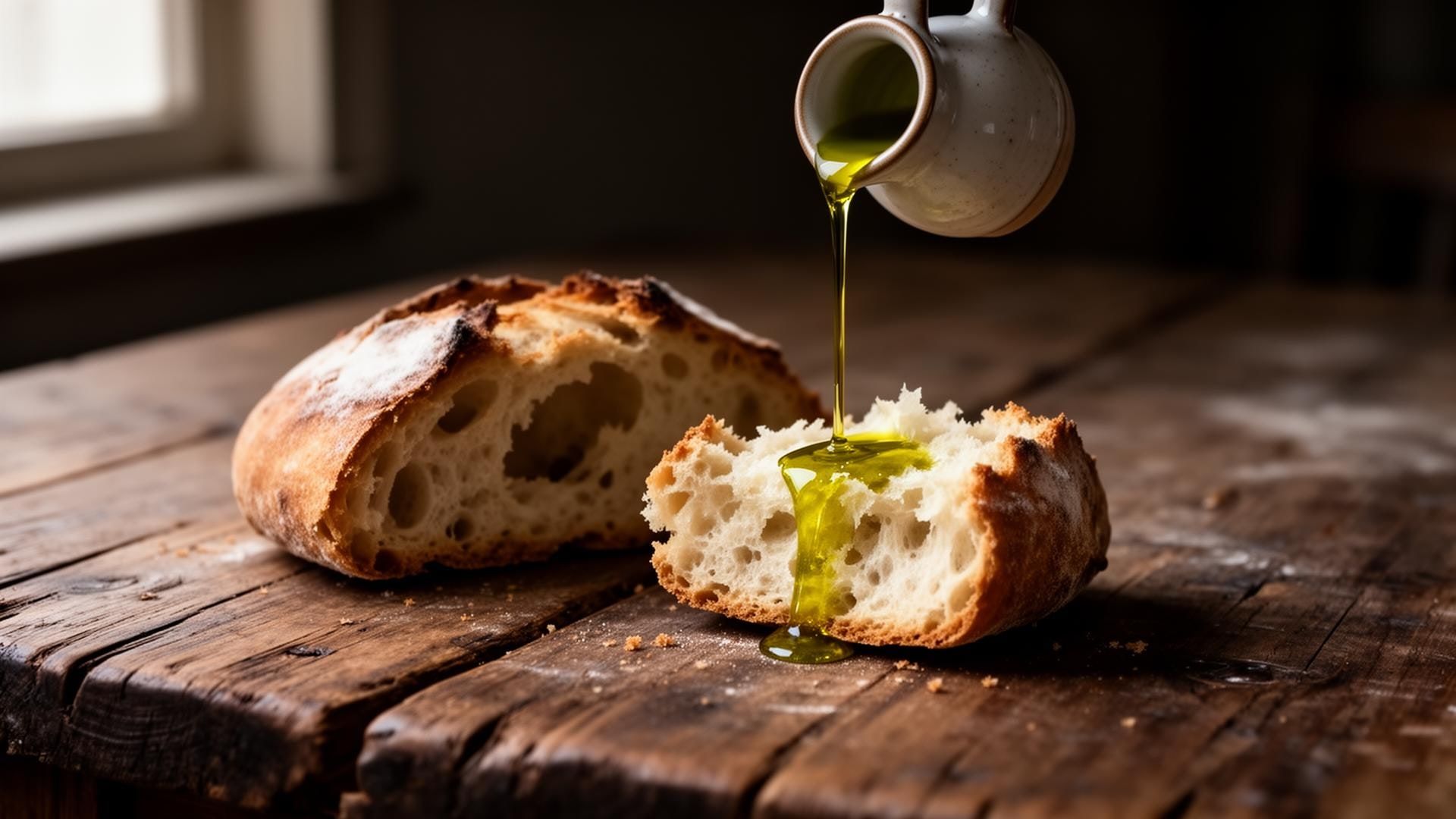 Olive oil poured from a small jug over a torn loaf on a wooden table.