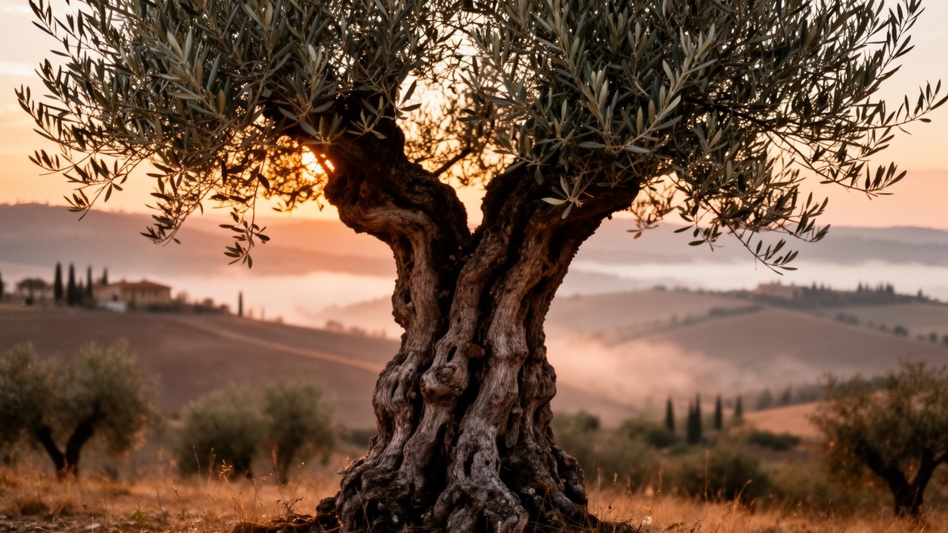 An old olive tree on a hillside at first light, mist in the valley behind.