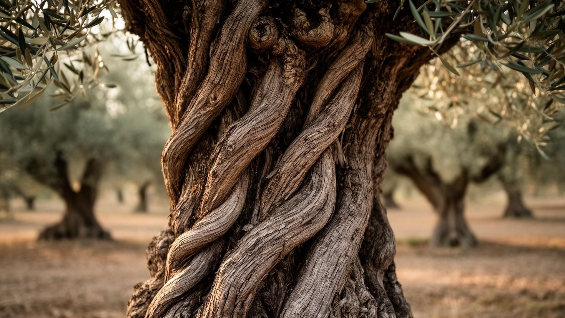 The trunk of an old olive tree, twisted like rope.